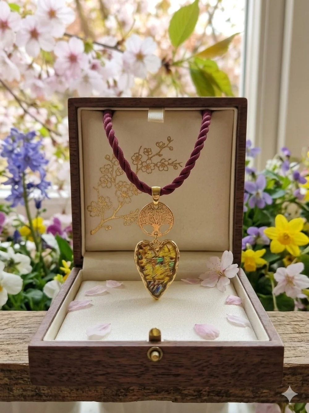 Abalone Gold Tree of Life Heart Pendant Necklace on Burgundy Cord